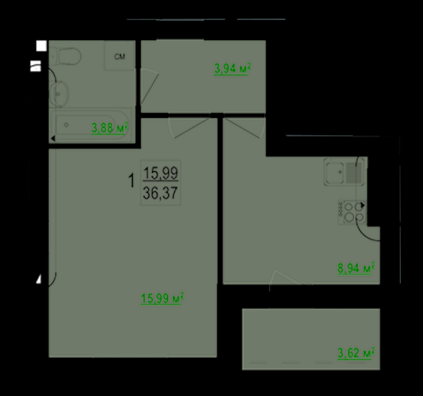 1-кімнатна 36.37 м² в ЖК Гідропарк від 10 000 грн/м², Харків