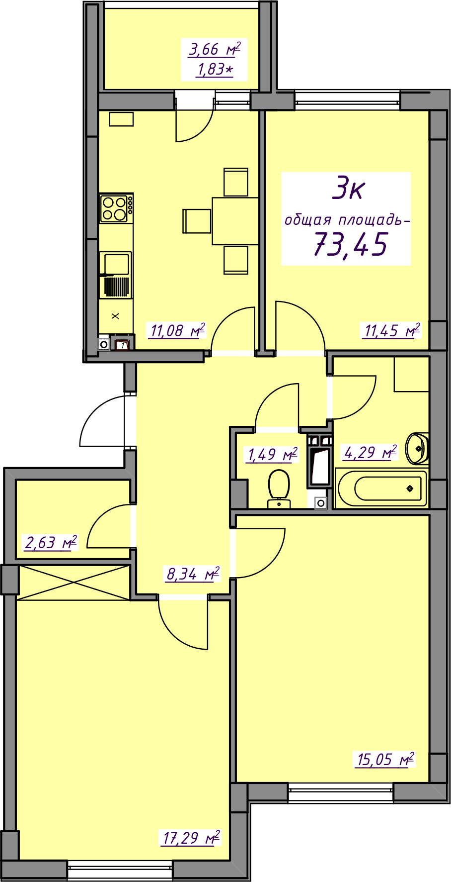 3-комнатная 73.45 м² в ЖМ Седьмое Небо от 13 650 грн/м², пгт Авангард