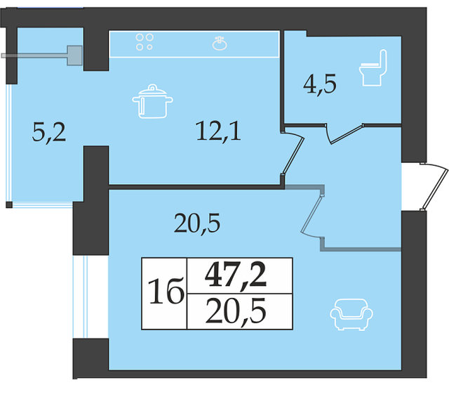 1-кімнатна 47.2 м² в ЖК Щасливий від 15 000 грн/м², Дніпро