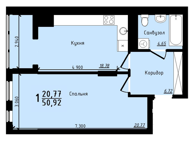 1-кімнатна 50.92 м² в ЖК Plus 2 від 18 500 грн/м², Львів