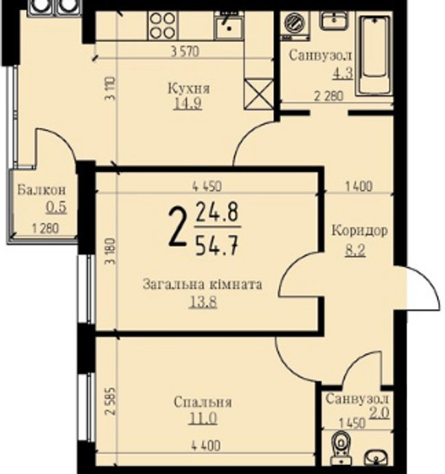 2-комнатная 54.7 м² в ЖК Plus на Роксоляны от застройщика, Львов