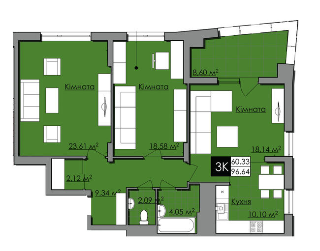 3-комнатная 96.64 м² в ЖК Нове Життя от 18 900 грн/м², Львов