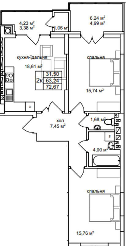 2-комнатная 72.67 м² в ЖК Софиевка от застройщика, Львов