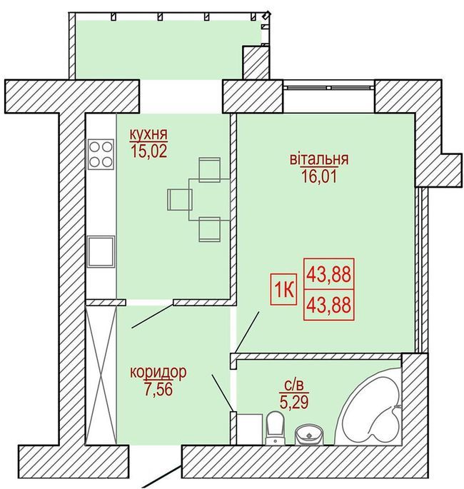 1-комнатная 43.88 м² в ЖК Паркова алея от застройщика, Ивано-Франковск