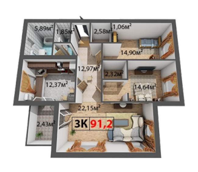 3-комнатная 91.2 м² в ЖК Квартал Краковский от 11 900 грн/м², с. Волчинец