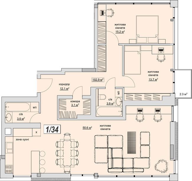 3-кімнатна 102.9 м² в ЖК Grand Village від забудовника, с. Сокільники