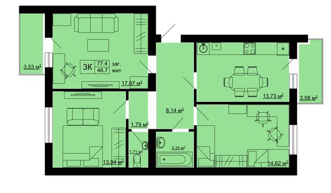 3-комнатная 77.4 м² в ЖК Південний от 19 500 грн/м², с. Сокольники
