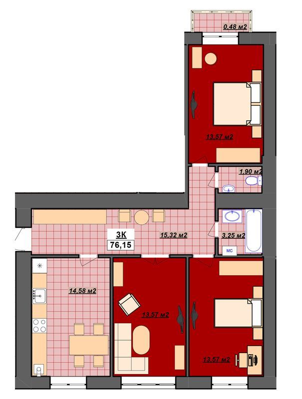 3-комнатная 76.15 м² в ЖК Гетьманский от 14 200 грн/м², Ивано-Франковск