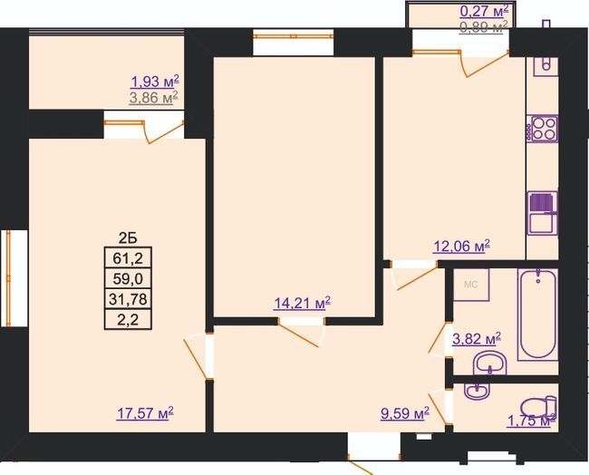 2-комнатная 61.2 м² в ЖК Світанковий от 10 500 грн/м², Ивано-Франковск