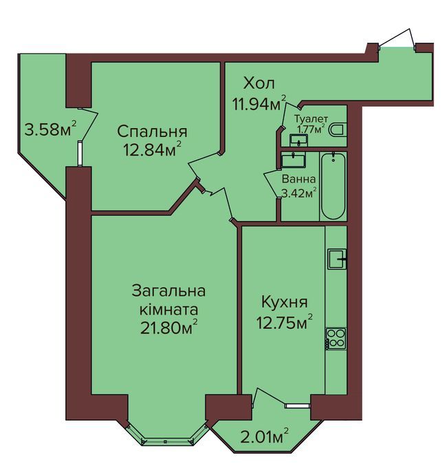 2-комнатная 62 м² в ЖК по бул. Незалежності от 11 250 грн/м², г. Калуш