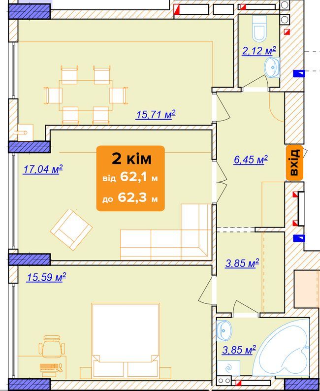 2-кімнатна 62.3 м² в ЖК на вул. Богунська, 1 від 19 150 грн/м², Івано-Франківськ