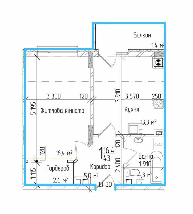 1-комнатная 43 м² в ЖК KromaxBud от застройщика, Черновцы