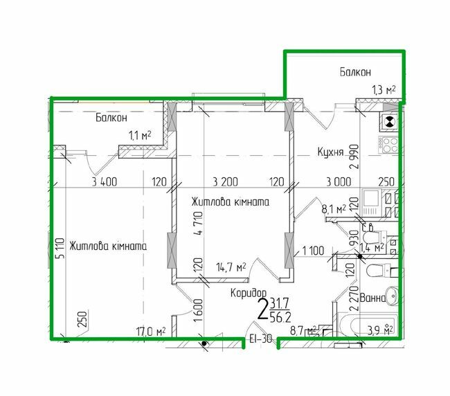 2-кімнатна 56.2 м² в ЖК KromaxBud від 17 050 грн/м², Чернівці