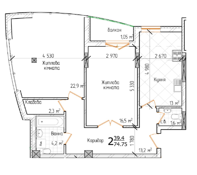 2-кімнатна 74.75 м² в ЖК Маєток Буковинський від 22 350 грн/м², Чернівці