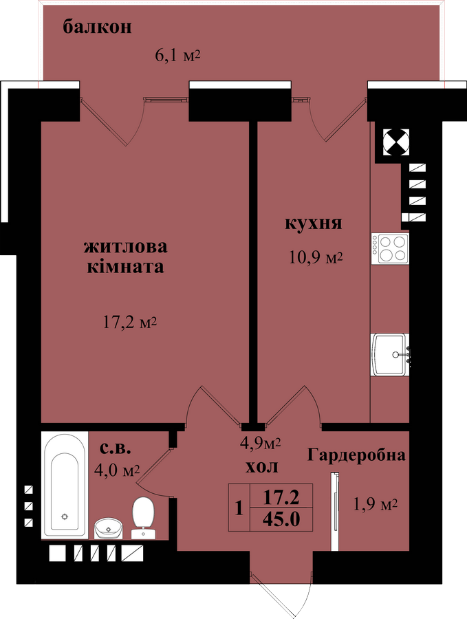 1-кімнатна 45 м² в ЖК на вул. Героїв Майдану, 150 від забудовника, Чернівці