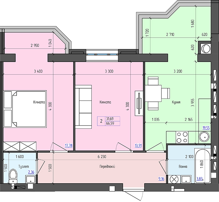 2-кімнатна 66.59 м² в ЖК Атлант від 17 500 грн/м², Луцьк