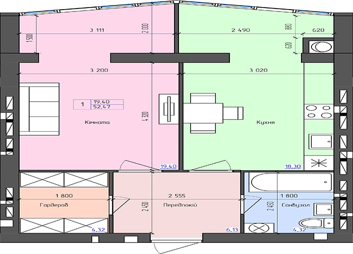 1-комнатная 52.47 м² в ЖК Атлант от 14 300 грн/м², Луцк