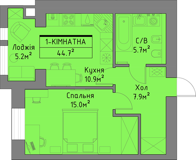 1-кімнатна 44.7 м² в ЖБ Ліпинський+ від забудовника, с. Липини