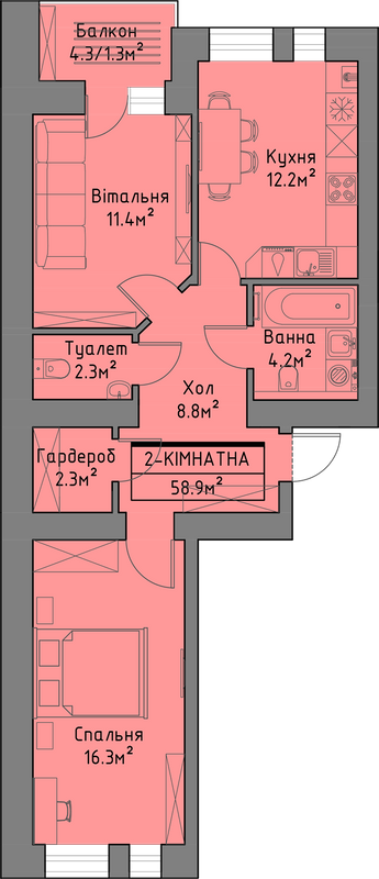 2-комнатная 58.9 м² в ЖД Липинський+ от 16 000 грн/м², с. Липины