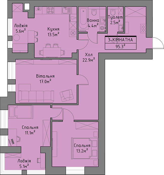 3-кімнатна 95.3 м² в ЖБ Ліпинський+ від 14 300 грн/м², с. Липини