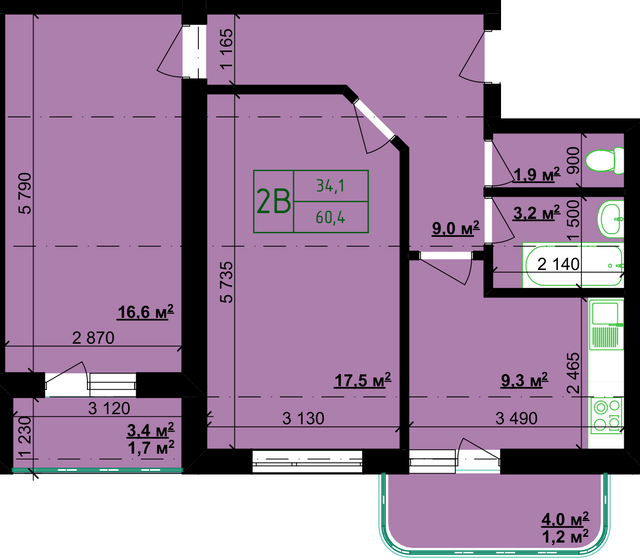 2-комнатная 60.4 м² в ЖК Учительський от застройщика, Винница