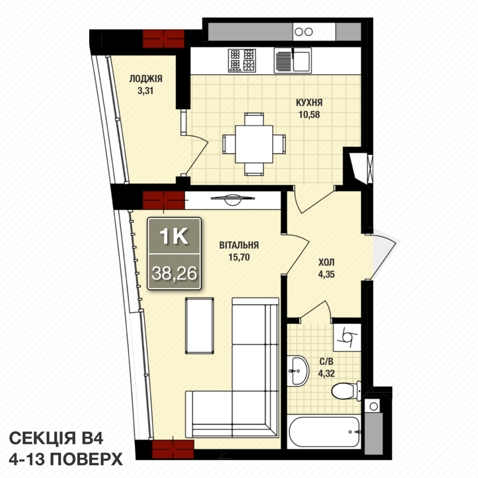 1-комнатная 38.26 м² в ЖК Президент Холл от застройщика, Житомир