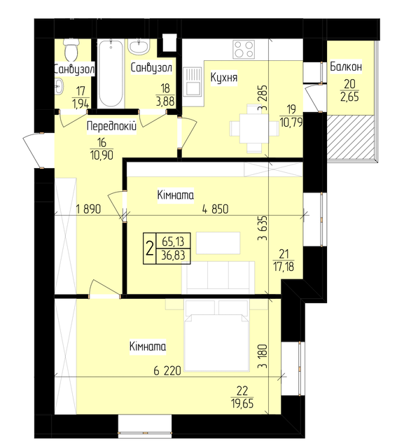 2-кімнатна 65.13 м² в ЖК 9 Район від 15 200 грн/м², м. Мукачеве