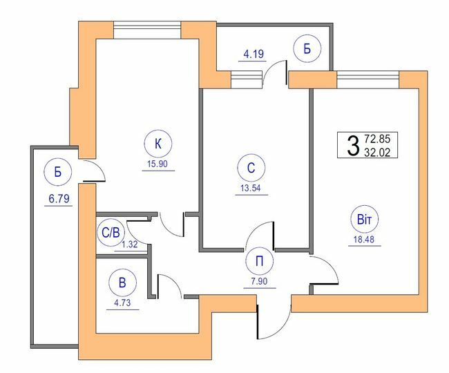 2-кімнатна 72.85 м² в ЖК Перлина Черкас від 11 400 грн/м², Черкаси