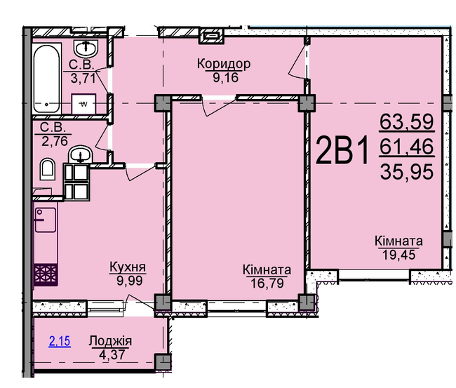 2-комнатная 63.59 м² в ЖК Пушкина от 16 500 грн/м², Черкассы