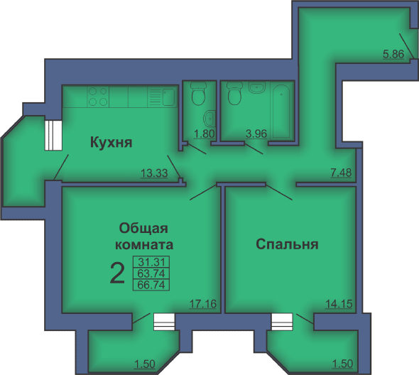 2-кімнатна 66.74 м² в ЖК на пл. Павленківська, 3А від забудовника, Полтава