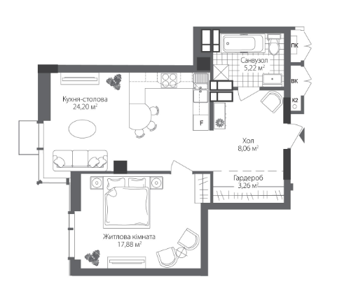 1-комнатная 58.74 м² в ЖК RiverStone от 49 700 грн/м², Киев