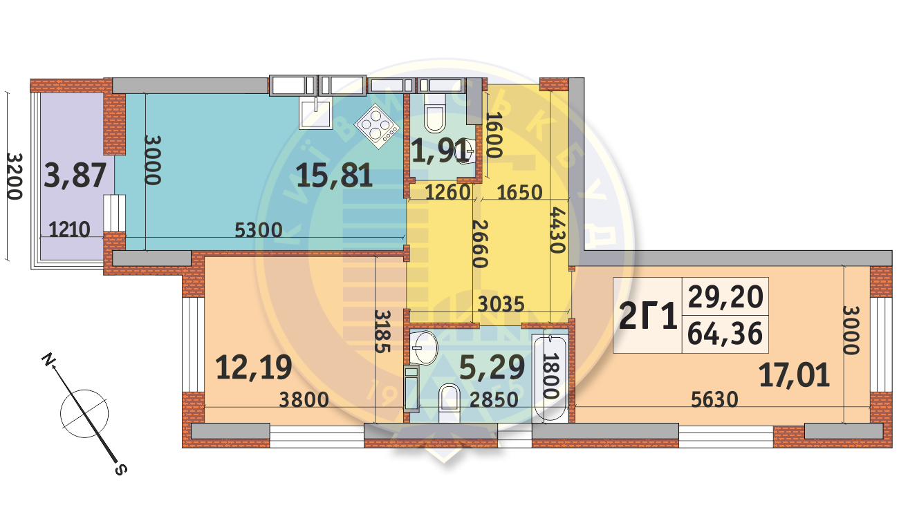 2-комнатная 64.36 м² в ЖК Медовый-2 от 26 528 грн/м², Киев