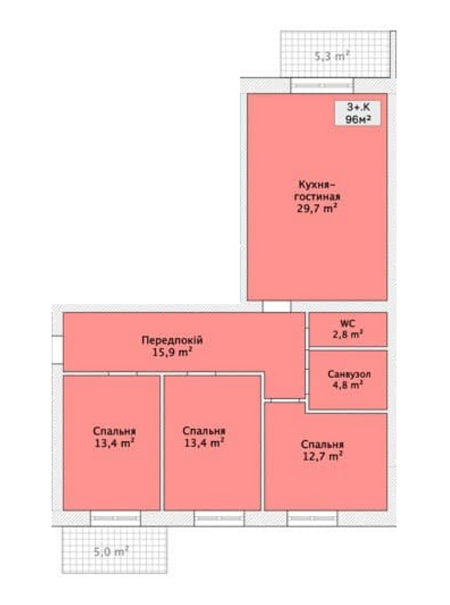 3-комнатная 96 м² в ЖК на ул. Малиновского, 20 от застройщика, Винница