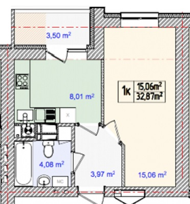 1-комнатная 32.87 м² в ЖК Золотой ключик от застройщика, с. Тарасовка