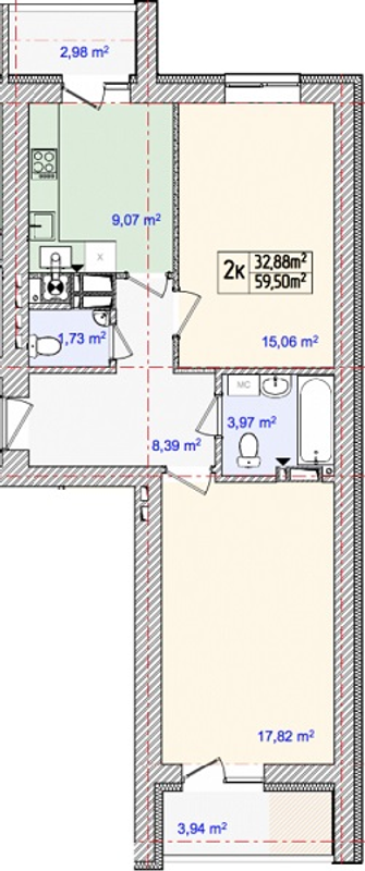 2-комнатная 59.5 м² в ЖК Золотой ключик от застройщика, с. Тарасовка