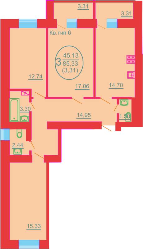 3-комнатная 85.33 м² в ЖК София Киевская от 14 000 грн/м², с. Софиевская Борщаговка