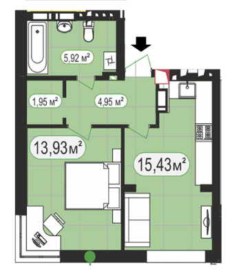 1-кімнатна 42.18 м² в ЖК 7'я від 28 000 грн/м², с. Щасливе