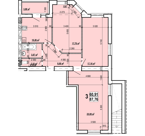 3-комнатная 87.76 м² в ЖК Семинарский от застройщика, Харьков