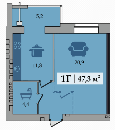 1-комнатная 47.3 м² в ЖК Счастливый от 15 000 грн/м², Днепр
