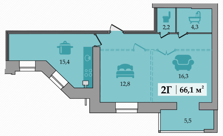 2-комнатная 66.1 м² в ЖК Счастливый от 15 800 грн/м², Днепр