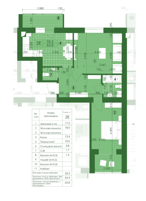 2-комнатная 65.8 м² в ЖК Квартал Парковый от застройщика, г. Обухов