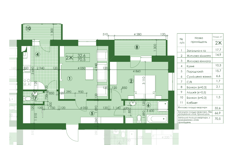 2-кімнатна 70.5 м² в ЖК Квартал Парковий від 12 950 грн/м², м. Обухів