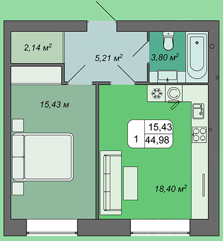 1-комнатная 44.98 м² в ЖК Green's от застройщика, Винница