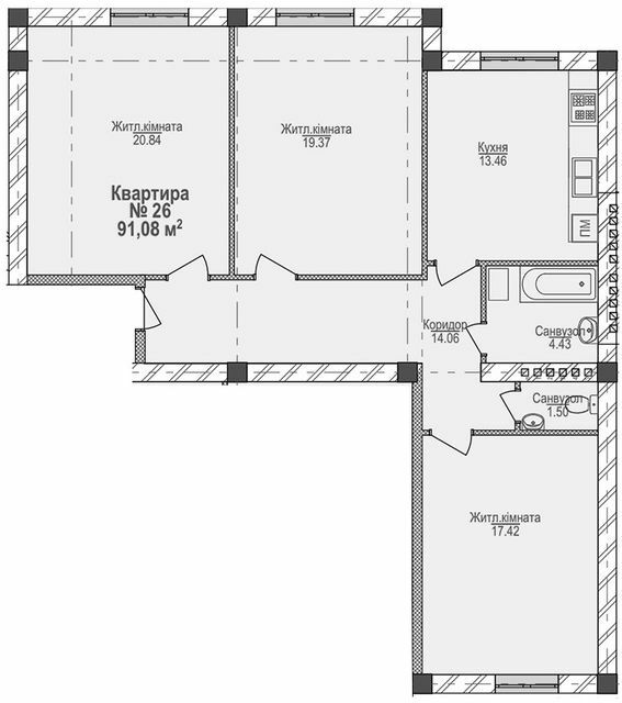 3-комнатная 91.08 м² в ЖК Парковый от 12 400 грн/м², Ужгород