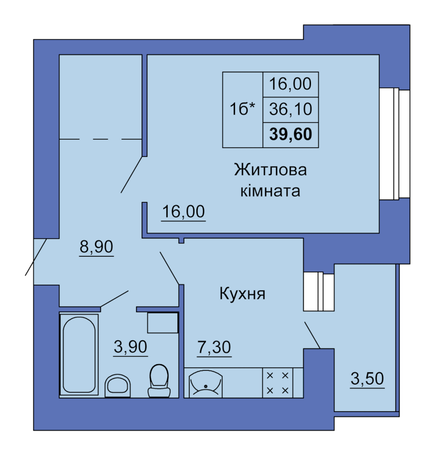 1-комнатная 39.6 м² в ЖК на ул. Степного Фронта, 20 от застройщика, Полтава