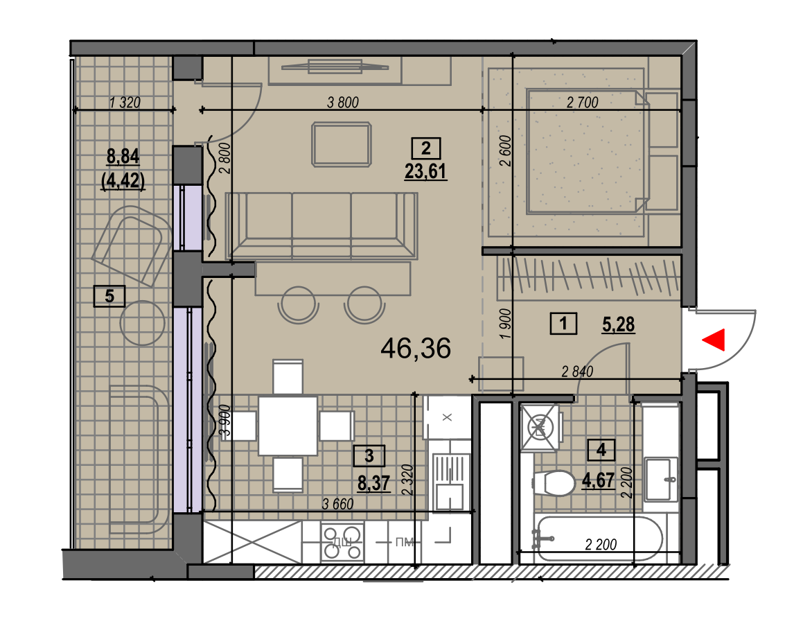 2-комнатная 46.43 м² в ЖК Клубный от застройщика, Киев