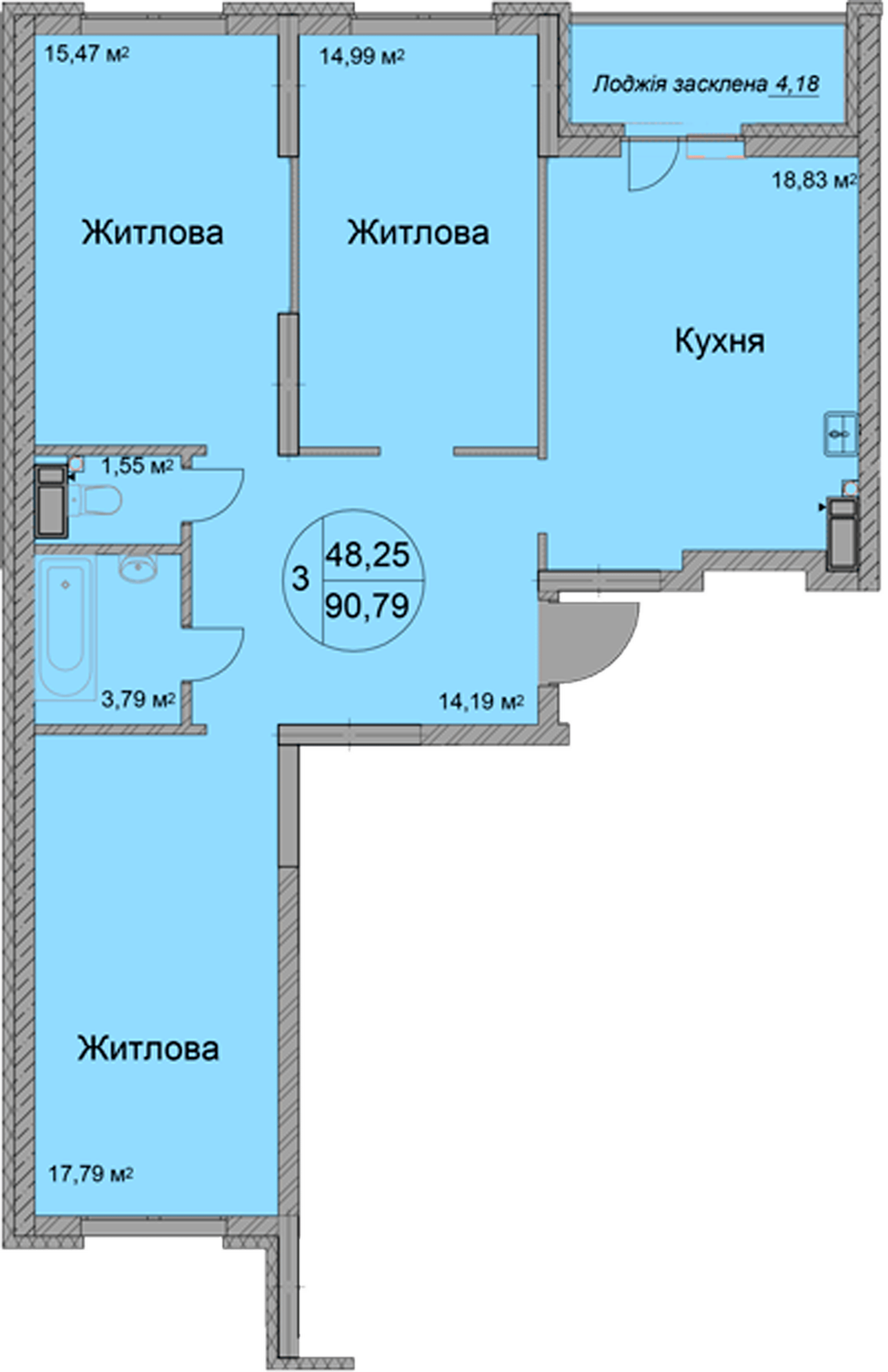 3-кімнатна 90.79 м² в ЖК Святобор від 27 950 грн/м², Київ