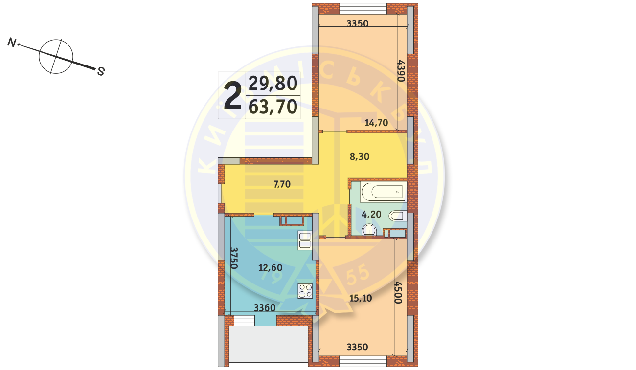 2-кімнатна 63.7 м² в ЖК Новомостицько-Замковецький від забудовника, Київ