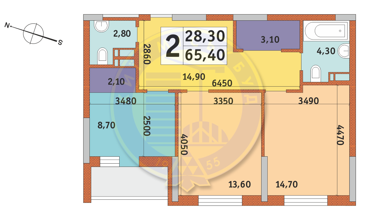 2-комнатная 65.4 м² в ЖК Новомостицко-Замковецкий от застройщика, Киев