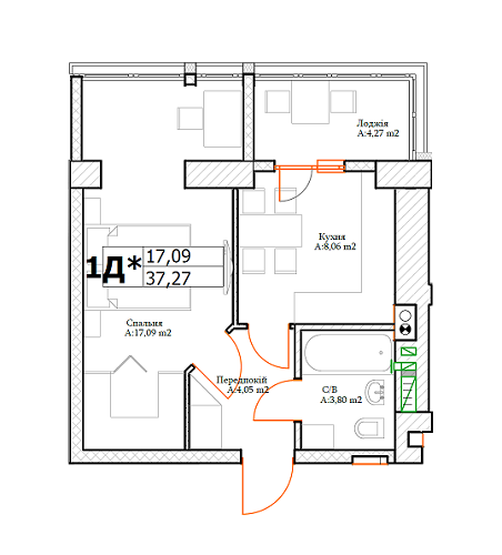 1-комнатная 37.27 м² в ЖК Green Life-3 от 23 250 грн/м², г. Ирпень